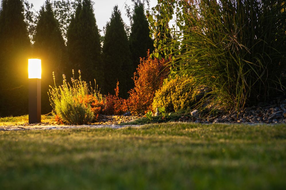 A lighted lamp illuminating a grassy area, showcasing landscape lighting service in Chicago, IL.
